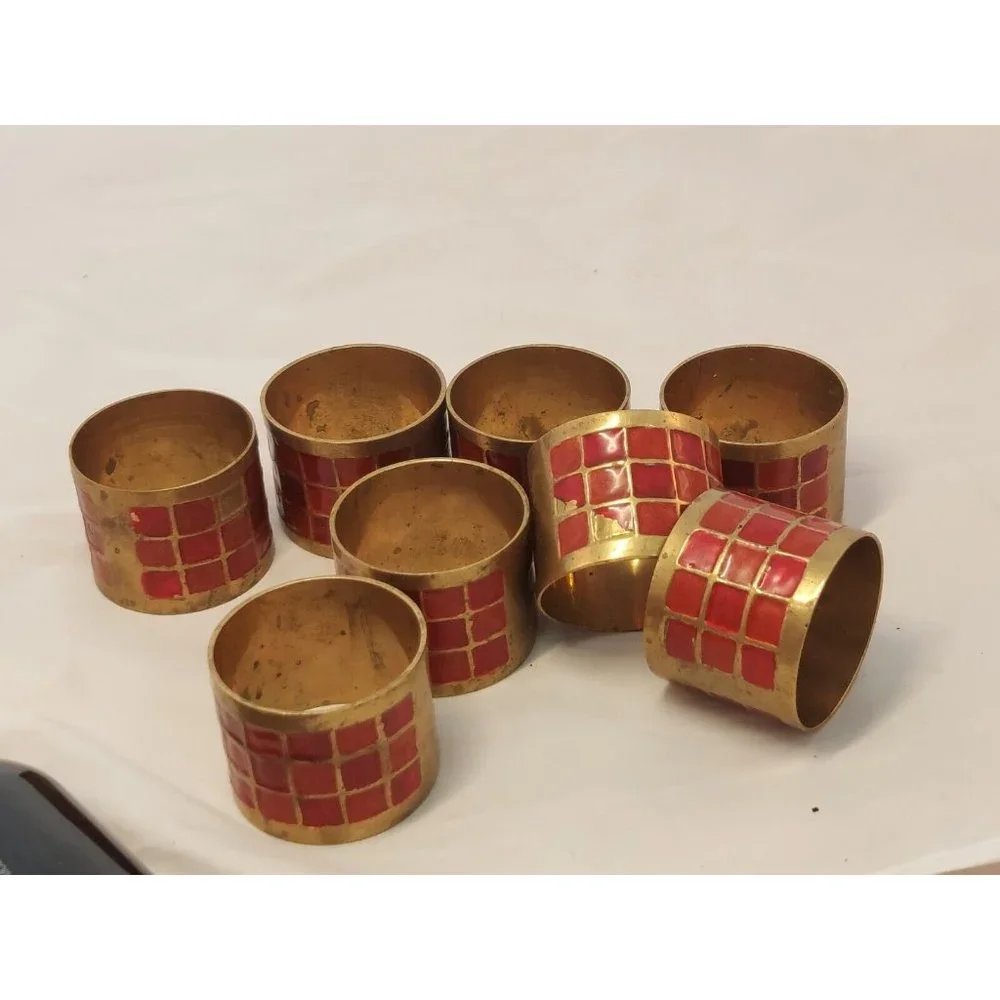 Pier 1 Vintage Brass with Red Enamel Napkin Rings Holder set of 8